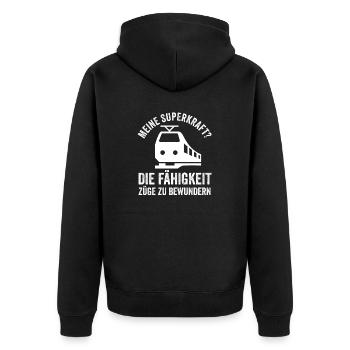 Modelleisenbahn Modellzug Zug Eisenbahner Eisenbah - Unisex Premium Bio Zip Hoodie - Schwarz - Hinten - Nico (187cm)