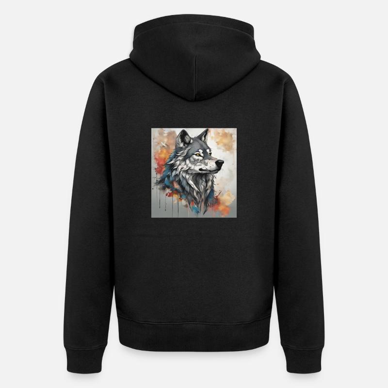 Wolf mit Farbflecken Hintergrund. - Unisex Premium Bio Zip Hoodie - Schwarz