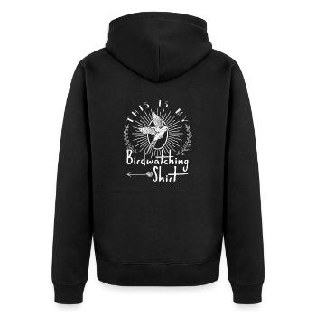 This is my Birdwatching Shirt Rauchschwalbe - Unisex Premium Bio Zip Hoodie - Schwarz - Hinten - Nico (187cm)