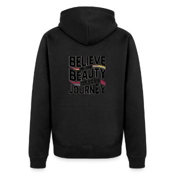 Glaube an die Schönheit deiner Reise - Art Design - Unisex Premium Bio Zip Hoodie - Schwarz - Hinten - Nico (187cm)
