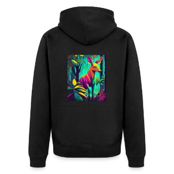 Neonwald-Reh: Buntes Wunder der Natur - Unisex Premium Bio Zip Hoodie - Schwarz - Hinten - Nico (187cm)