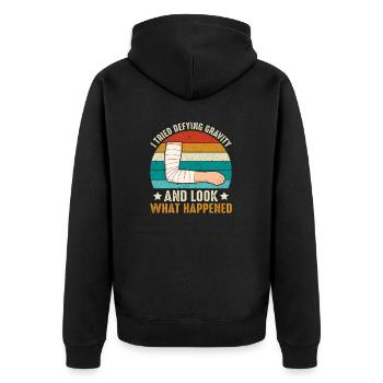 Schwerkraft, Knochenbruch, Ausrutschen und Sturz, Unfallverletzung - Unisex Premium Bio Zip Hoodie - Schwarz - Hinten - Nico (187cm)