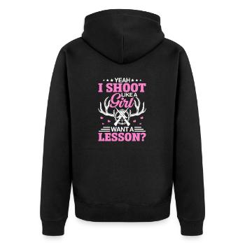 Yeah I Shoot Like A Girl Want A Lesson Funny - Unisex Premium Organic Zip Hoodie - black - Back - Nico (187cm)