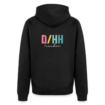 DHH-Lehrerin Gehörlos und Schwerhörig Bunt - Unisex Premium Bio Zip Hoodie - Schwarz - Hinten - Nico (187cm)