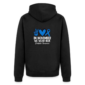 Im November tragen wir blaue nutzlose Bauchspeicheldrüse - Unisex Premium Bio Zip Hoodie - Schwarz - Hinten - Nico (187cm)