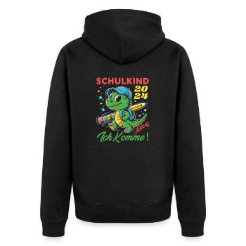 Einschulung Junge Geschenk Dino Achtung Ich Komme - Unisex Premium Bio Zip Hoodie - Schwarz - Hinten - Nico (187cm)