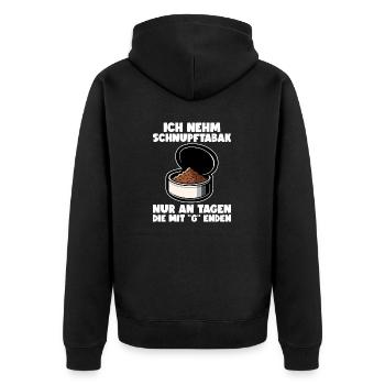 Schnupftabak Priis Schnupftabak Dose - Unisex Premium Bio Zip Hoodie - Schwarz - Hinten - Nico (187cm)