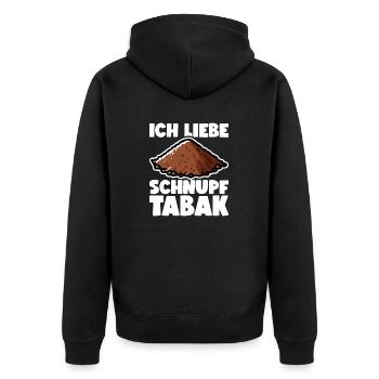 Schnupftabak - Unisex Premium Bio Zip Hoodie - Schwarz - Hinten - Nico (187cm)