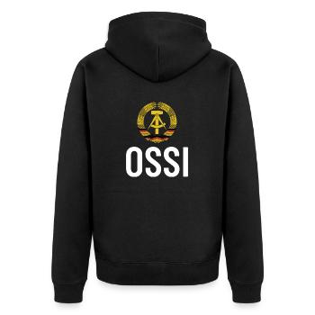 DDR Wappen, Osten, Ossi Geschenk - Unisex Premium Bio Zip Hoodie - Schwarz - Hinten - Nico (187cm)