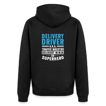 Lieferant Paket Lieferung - Unisex Premium Bio Zip Hoodie - Schwarz - Hinten - Nico (187cm)
