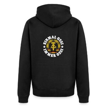 DDR Wappen, Einmal Ossi, Immer Ossi, Spruch - Unisex Premium Bio Zip Hoodie - Schwarz - Hinten - Nico (187cm)