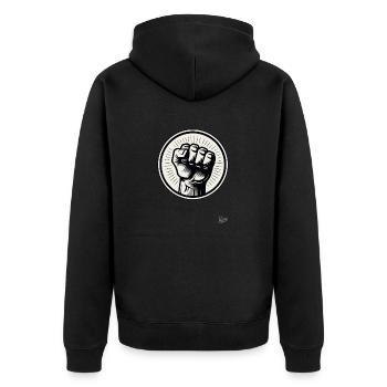 Linke Hand in die Luft zur Faust geballt - Unisex Premium Bio Zip Hoodie - Schwarz - Hinten - Nico (187cm)