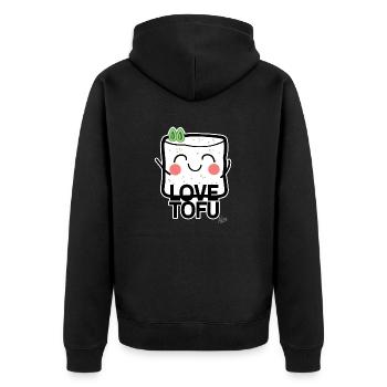 Tofu-Liebe: Tofu Herzensbrecher - Unisex Premium Bio Zip Hoodie - Schwarz - Hinten - Nico (187cm)