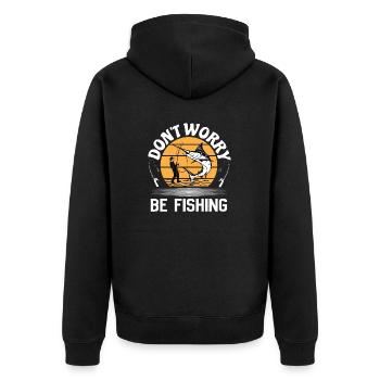 "Funny Angler T-Shirt – Don't Worry, Be Fishing - Unisex Premium Organic Zip Hoodie - black - Back - Nico (187cm)