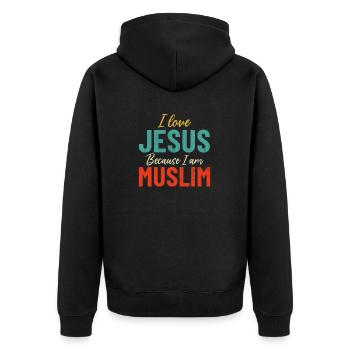 Ich liebe Jesus, weil ich Muslim bin Retro Muslim - Unisex Premium Bio Zip Hoodie - Schwarz - Hinten - Nico (187cm)