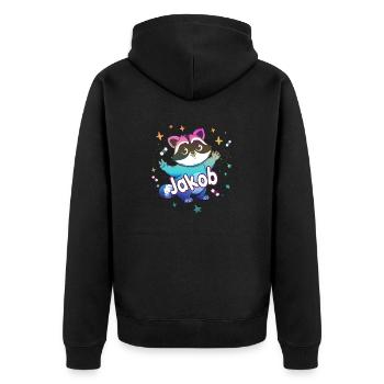 JAKOB - Schöner Jungen Name mit süßem Waschbär - Unisex Premium Bio Zip Hoodie - Schwarz - Hinten - Nico (187cm)