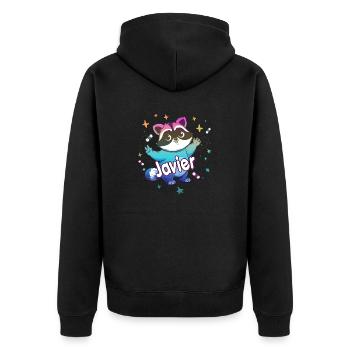 JAVIER - Schöner Jungen Name mit süßem Waschbär - Unisex Premium Bio Zip Hoodie - Schwarz - Hinten - Nico (187cm)
