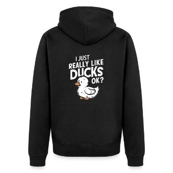 Ich mag Enten einfach sehr gerne Ok lustige Entengänse - Unisex Premium Bio Zip Hoodie - Schwarz - Hinten - Nico (187cm)