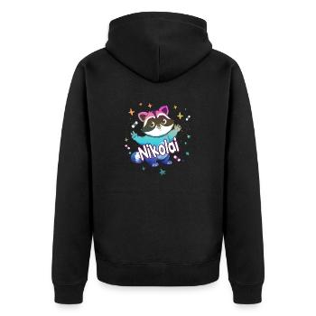NIKOLAI - Beautiful boy name with cute raccoon - Unisex Premium Organic Zip Hoodie - black - Back - Nico (187cm)