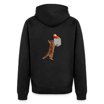 Chat atteignant l’ara rouge dans une fausse poche imprimée - Veste à capuche bio Premium Unisexe - noir - Dos - Nico (187cm)