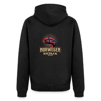 Norwegen Senja 2025 Fischmotiv - Unisex Premium Bio Zip Hoodie - Schwarz - Hinten - Nico (187cm)
