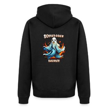 GEIST HALLOWEEN SÜSSES ODER SAURES - Unisex Premium Bio Zip Hoodie - Schwarz - Hinten - Nico (187cm)