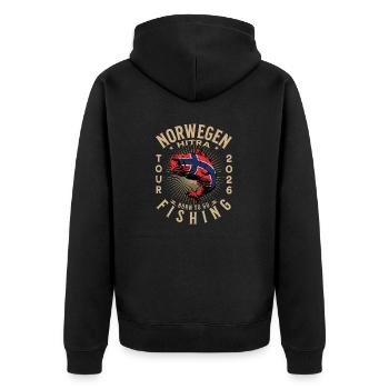 Hitra Angeln 2026 - Unisex Premium Bio Zip Hoodie - Schwarz - Hinten - Nico (187cm)