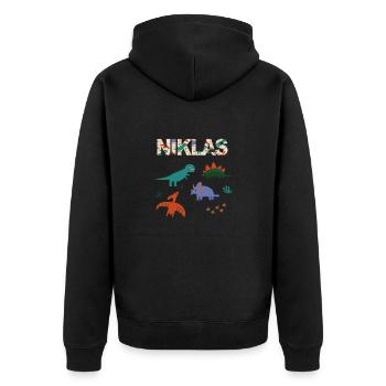 NIKLAS - Schöner Jungen Name mit Dinosaurier - Unisex Premium Bio Zip Hoodie - Schwarz - Hinten - Nico (187cm)