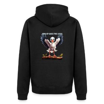 STORCH AND UP GOES THE LUCIE - Unisex Premium Bio Zip Hoodie - Schwarz - Hinten - Nico (187cm)