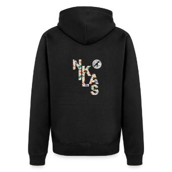 NIKLAS - Schöner Jungen Name mit Dinosaurier - Unisex Premium Bio Zip Hoodie - Schwarz - Hinten - Nico (187cm)