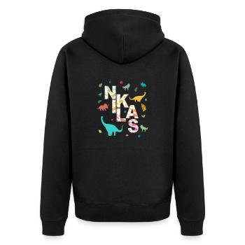 NIKLAS - Schöner Jungen Name mit Dinosaurier - Unisex Premium Bio Zip Hoodie - Schwarz - Hinten - Nico (187cm)