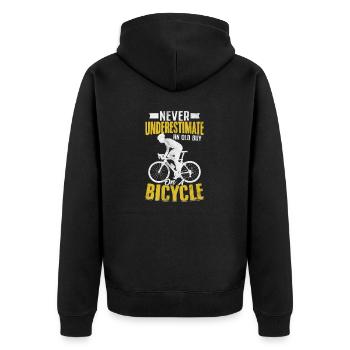 Unterschätzen Sie niemals einen alten Mann auf einem Fahrrad Lustig - Unisex Premium Bio Zip Hoodie - Schwarz - Hinten - Nico (187cm)