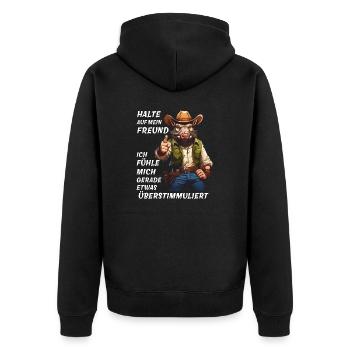 HALTE AUF MEIN FREUND ÜBERSTIMMULIERT - Unisex Premium Bio Zip Hoodie - Schwarz - Hinten - Nico (187cm)