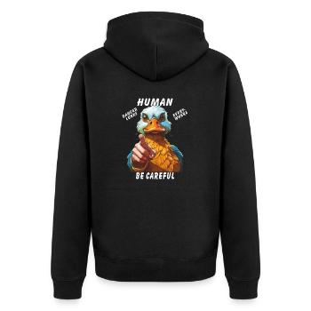 HUMAN BE CAREFUL DANGER LURKS EVERYWHERE - Unisex Premium Bio Zip Hoodie - Schwarz - Hinten - Nico (187cm)