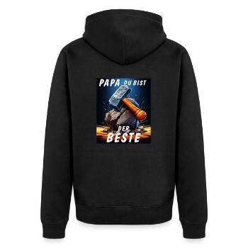 VA-THOR HAMMER PAPA DU BIST DER BESTE - Unisex Premium Bio Zip Hoodie - Schwarz - Hinten - Nico (187cm)
