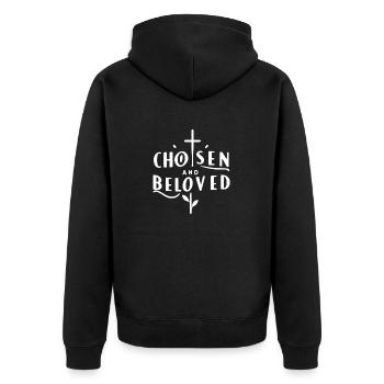 Auserwählt und geliebt - Unisex Premium Bio Zip Hoodie - Schwarz - Hinten - Nico (187cm)
