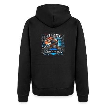Wo ich bin bleibts trocken - Unisex Premium Bio Zip Hoodie - Schwarz - Hinten - Nico (187cm)