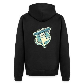 Chat blanc heureux suspendu à une branche - Veste à capuche bio Premium Unisexe - noir - Dos - Nico (187cm)