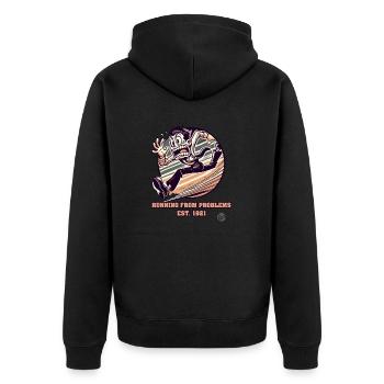 Vintage Cartoon Mann flieht vor Problemen - Unisex Premium Bio Zip Hoodie - Schwarz - Hinten - Nico (187cm)