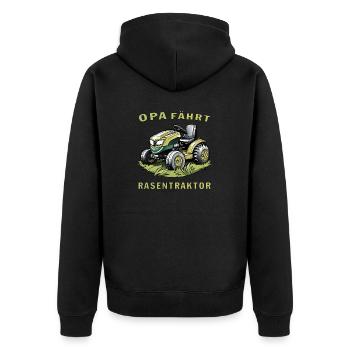 RASENMÄHER OPA FÄHRT RASENTRAKTOR - Unisex Premium Bio Zip Hoodie - Schwarz - Hinten - Nico (187cm)