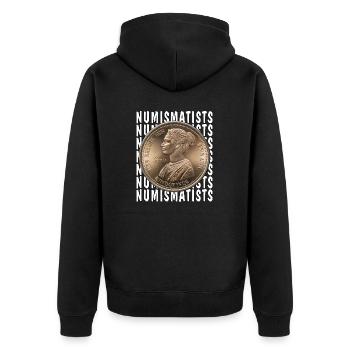 COINS NUMISMATISTS - Unisex Premium Bio Zip Hoodie - Schwarz - Hinten - Nico (187cm)