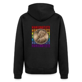 COINS NUMISMATISTS - Unisex Premium Bio Zip Hoodie - Schwarz - Hinten - Nico (187cm)