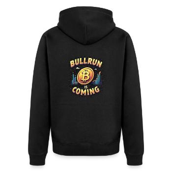 "Bullrun is coming" Bitcoin für Krypto Trader - Unisex Premium Bio Zip Hoodie - Schwarz - Hinten - Nico (187cm)
