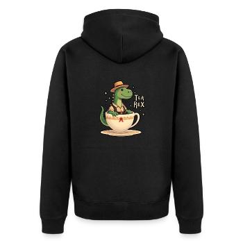 Tea Rex T-Rex Lederhose Lederhosn - Unisex Premium Bio Zip Hoodie - Schwarz - Hinten - Nico (187cm)