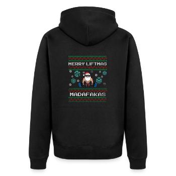 Merry Liftmas Lustiger Spruch mit Ugly Christmas - Unisex Premium Bio Zip Hoodie - Schwarz - Hinten - Nico (187cm)