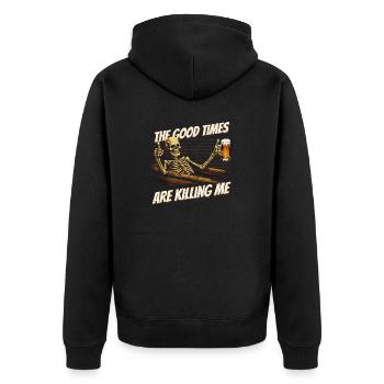 Die guten Zeiten bringen mich um - Funny Skull - Unisex Premium Bio Zip Hoodie - Schwarz - Hinten - Nico (187cm)
