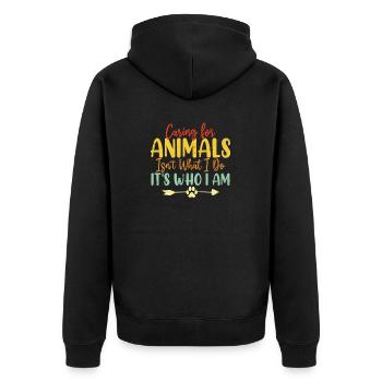 Mich um Tiere zu kümmern, ist nicht das, was ich tue, sondern wer ich bin - Unisex Premium Bio Zip Hoodie - Schwarz - Hinten - Nico (187cm)