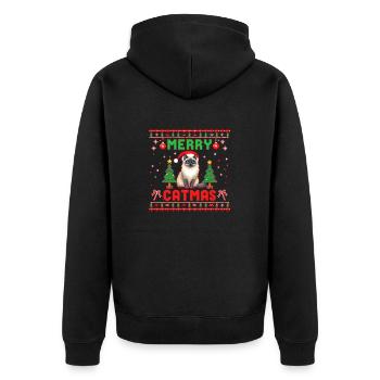 Merry Catmas – Katze mit Weihnachtsmütze - Unisex Premium Bio Zip Hoodie - Schwarz - Hinten - Nico (187cm)