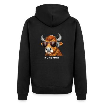 KUH MIT SONNENBRILLE KUHLMUH - Unisex Premium Bio Zip Hoodie - Schwarz - Hinten - Nico (187cm)