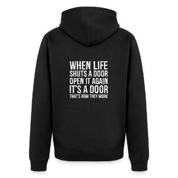 Wenn das Leben eine Tür schließt - Unisex Premium Bio Zip Hoodie - Schwarz - Hinten - Nico (187cm)